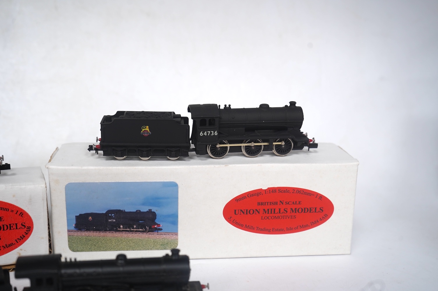 Three boxed Union Mills Models N gauge railway BR locomotives; a Class B12/3, 61572, a Class J39, 64736, and a Class Q2, 63344. Condition - good.